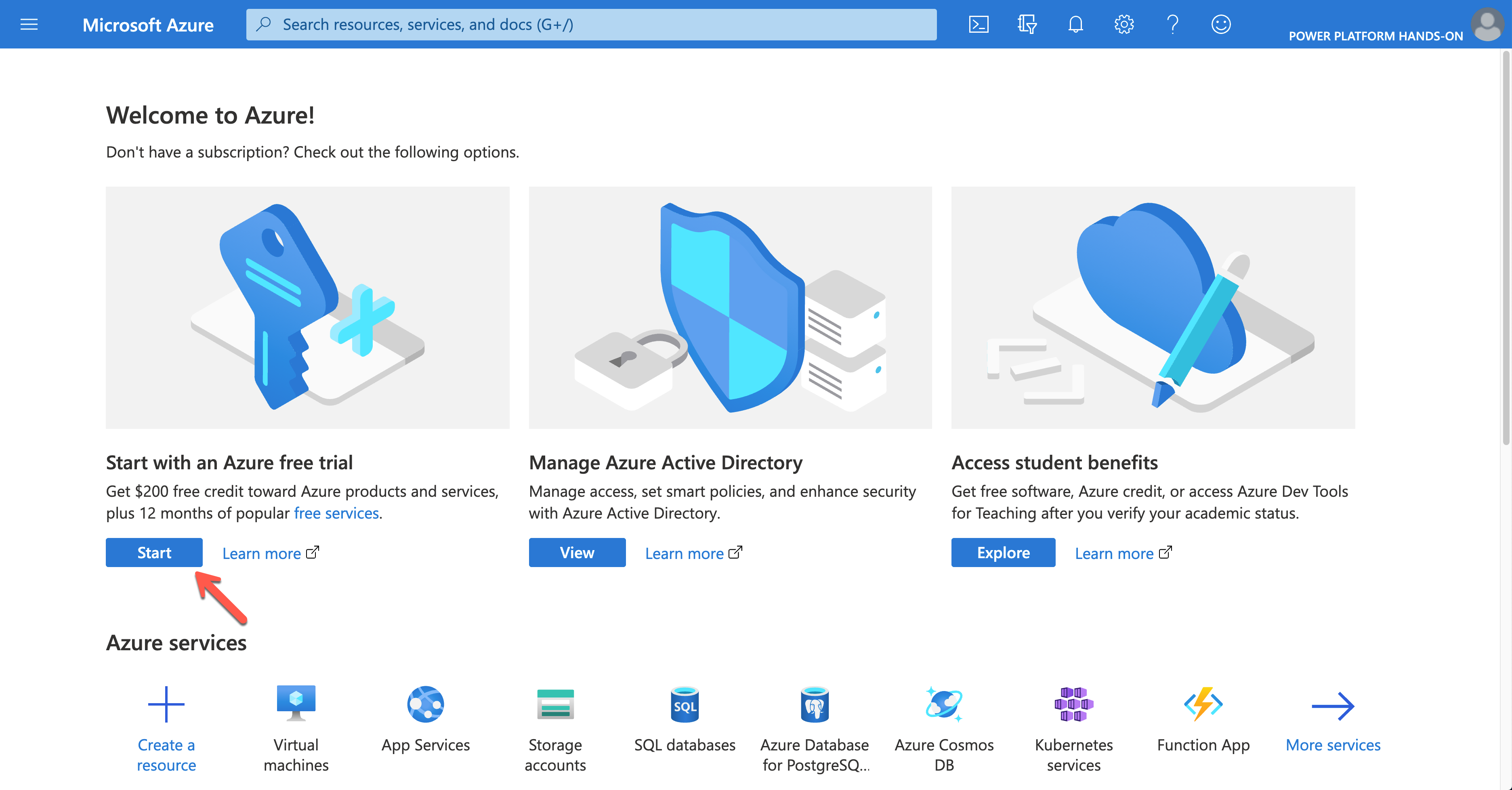 Azure Subscription Trial Page