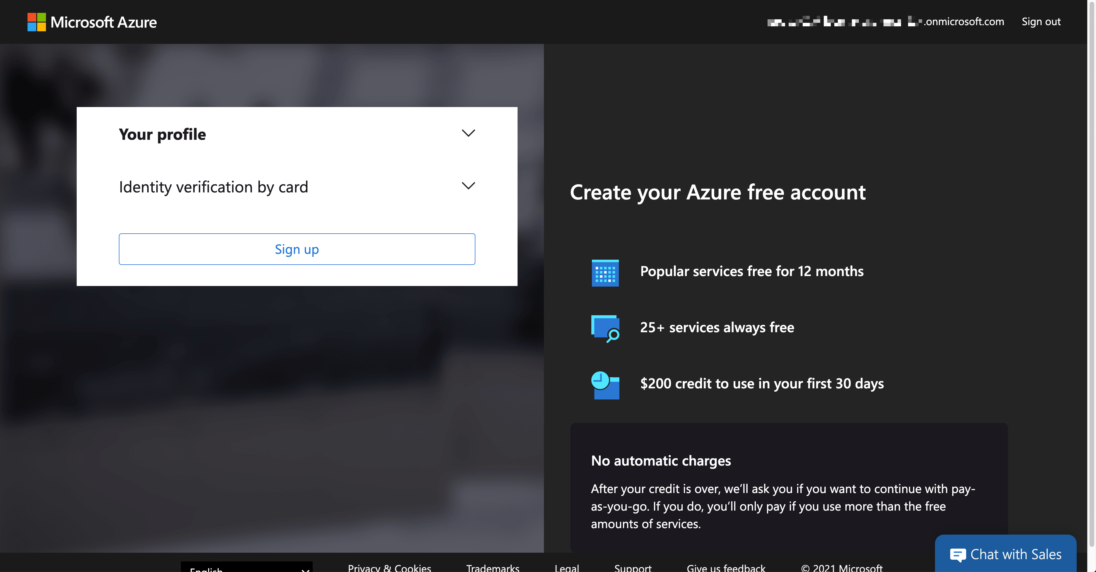 Azure Subscription Trial Sign-up Page