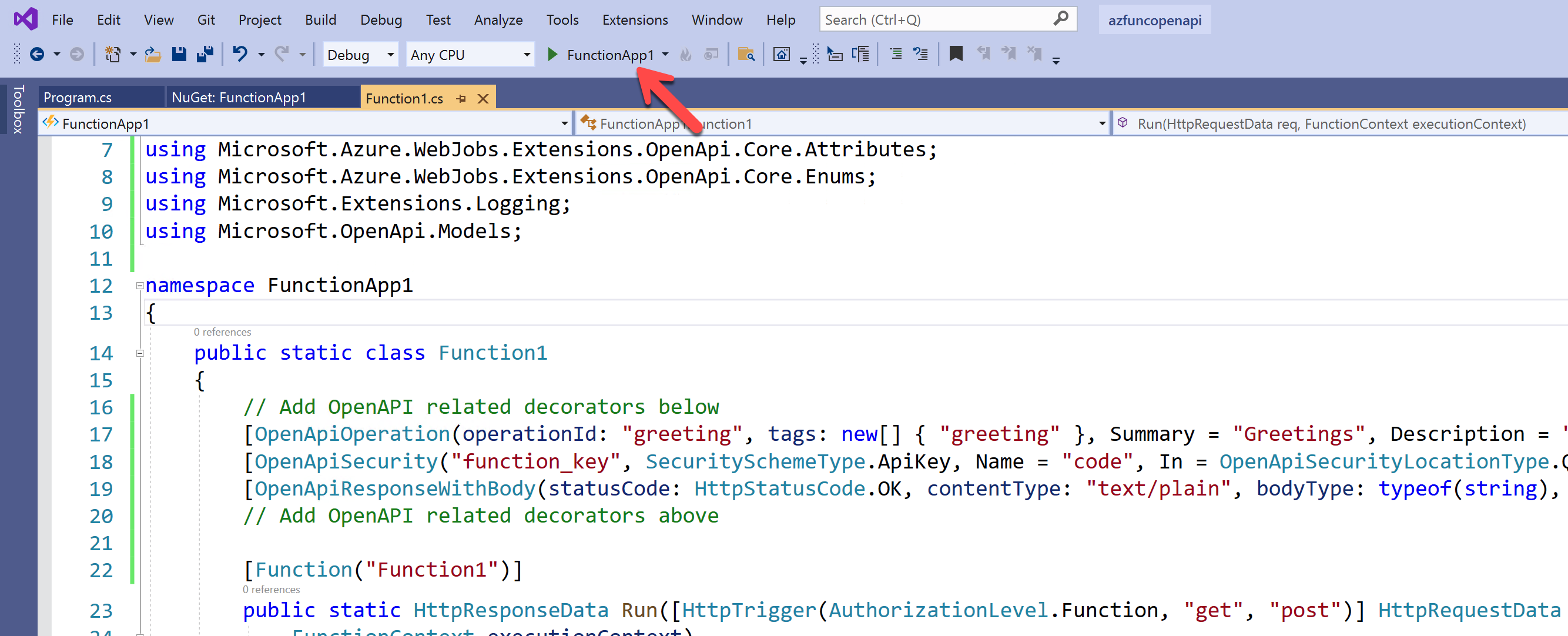 Run Azure Function app with the debug mode