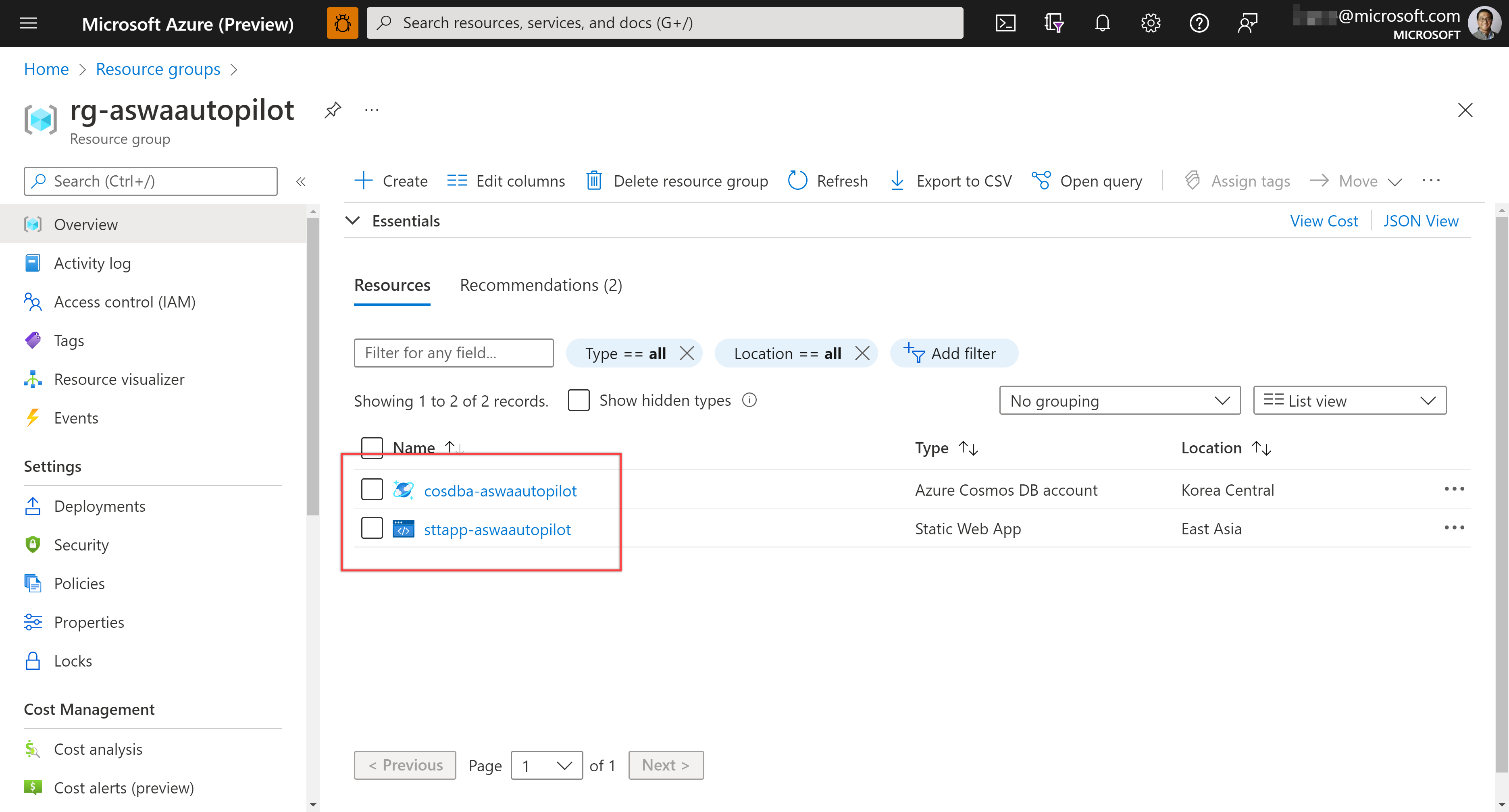 Azure resources provisioned
