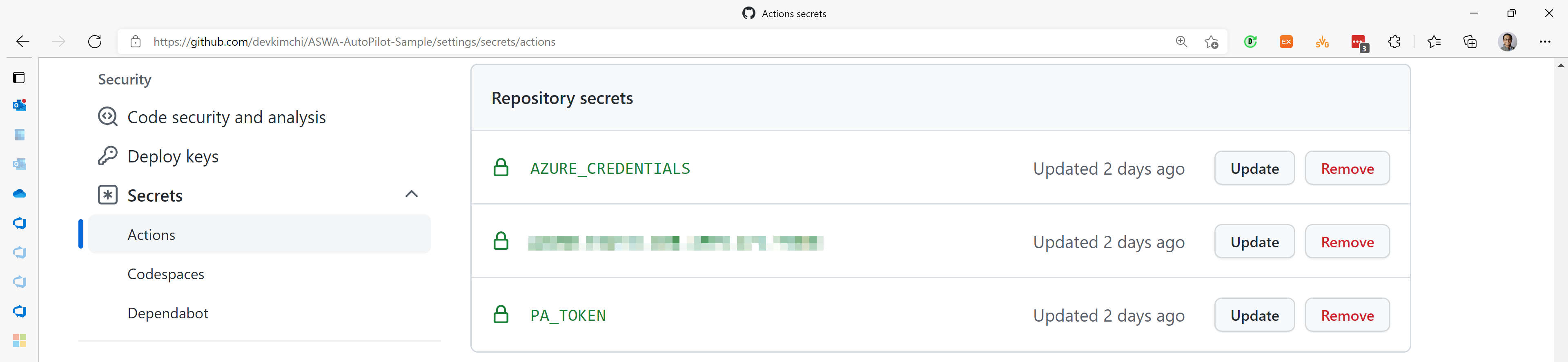 GitHub Actions Secrets – Azure Credentials and GitHub PAT