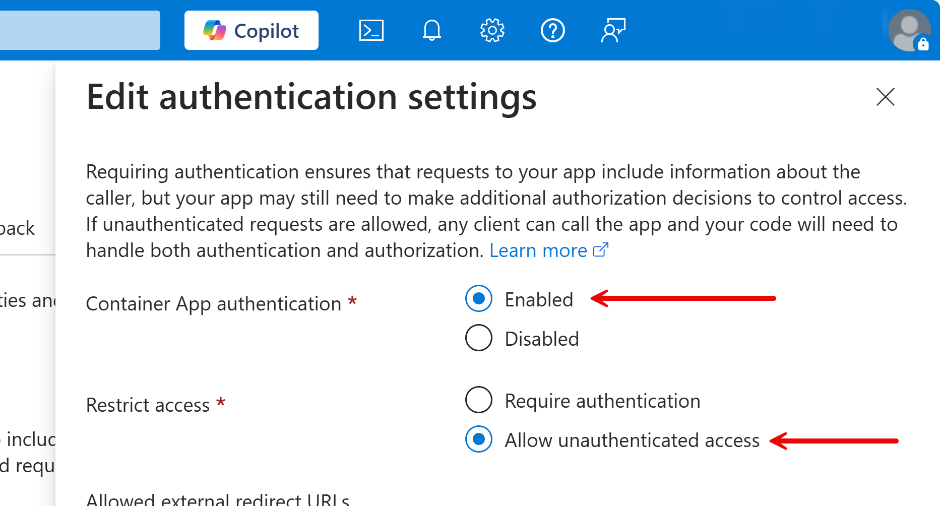 Authentication Settings - Azure Container Apps